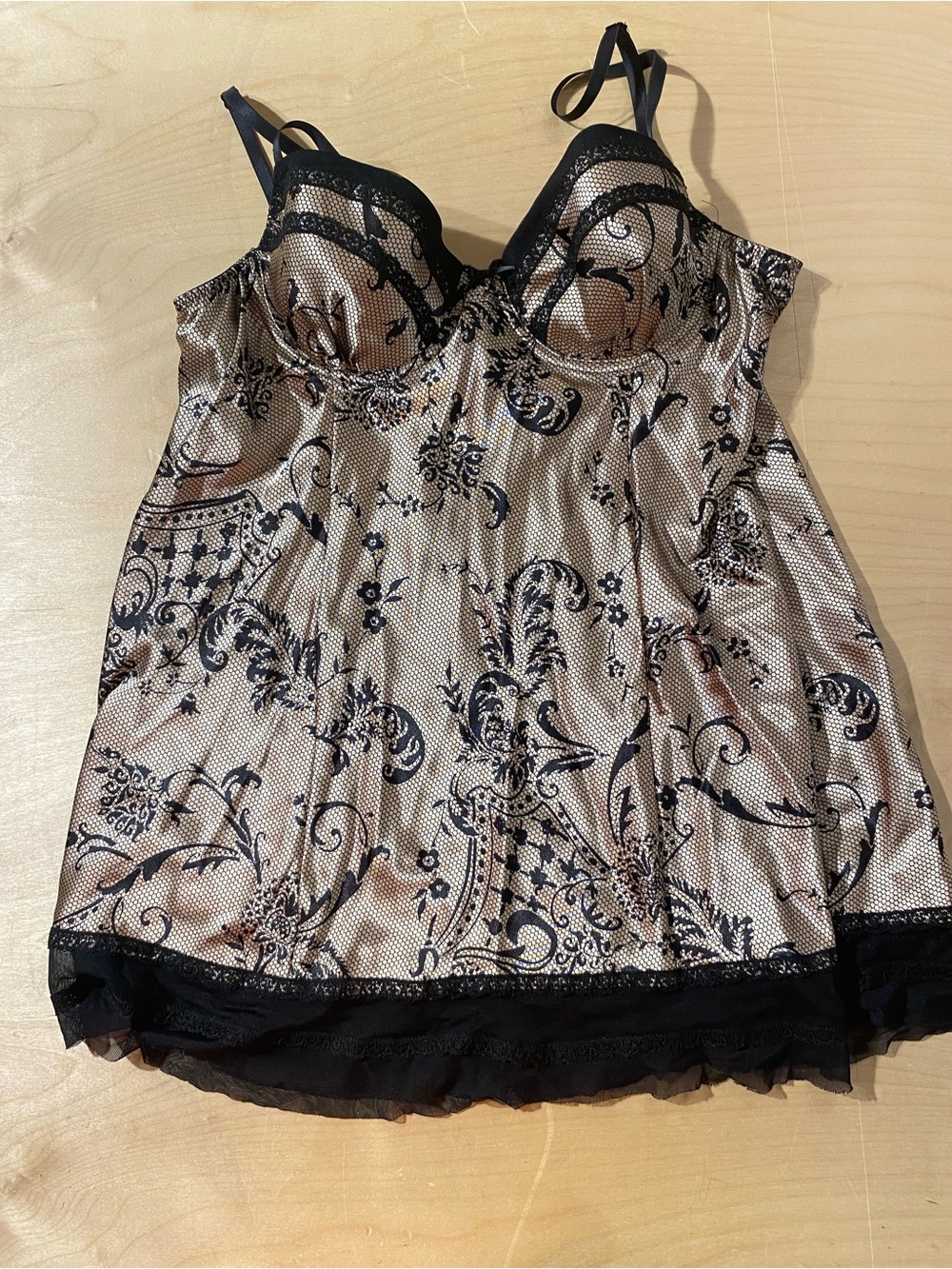 Ambrielle Beige and Black Lace-Trim Satin Chemise XL (SJ)